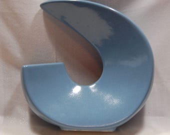 MCM 70's Design Japan High Gloss Slate Blue C-Shaped Sculptural Ikebana Vase