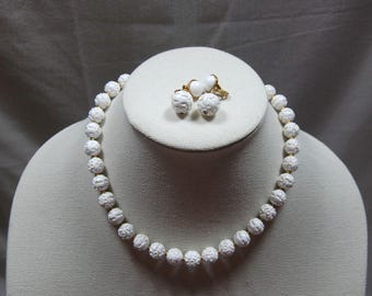 Vintage White Monet Carved Necklace and Clip On Earrings Gold Tone