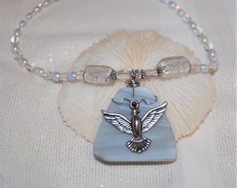 Wire Wrapped Gray Faux Sea W/ Dove Glass Necklace 17.5" Handmade Beaded Jewelry