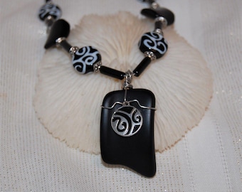 Wire Wrapped Black Faux Sea Glass Necklace 16" Handmade Beaded Jewelry