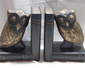 Owl Bookends Black and Gold Carved Wood Fall, Haloween, Goth Decor!
