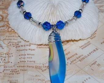 Wire Wrapped Swirl Blue Faux Sea Glass Necklace 20" Handmade Beaded Jewelry