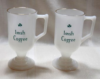 Irish Coffee Pedestal Mugs Federal Glass Gold-Rimmed Milk Glass Vintage