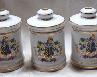 Porcelain Apothecary Jars Gold Gilt 3 Pieces With Lids Vintage Japan
