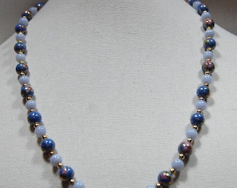 Vintage Blue Cloisonné And Blue Lace Agate Necklace 24