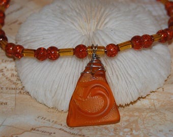 Wire Wrapped Amber Yellow Faux Sea Glass Necklace 19" Handmade Beaded Jewelry
