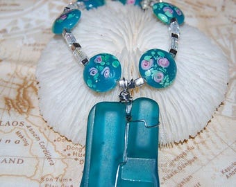 Wire Wrapped Teal Blue Faux Sea Glass Necklace 20" Handmade Beaded Jewelry