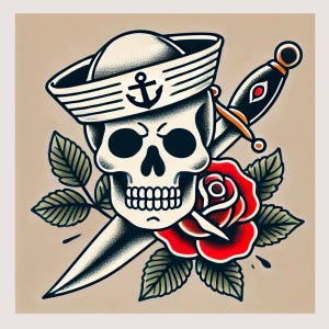 Peut inclure: Un motif de tatouage traditionnel représentant un crâne portant un chapeau de marin, une dague et une rose rouge avec des feuilles vertes.