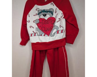 Vintage Park Bench Kid Christmas Outfit 3T Toddler Red Sweatshirt Pant Set Bear