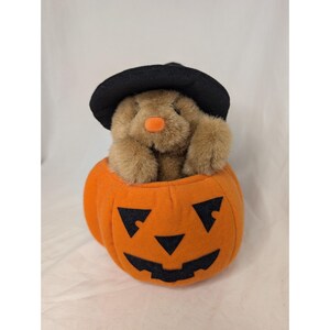 May include: A plush brown bunny wearing a black hat, nestled inside an orange jack-o'-lantern. The jack-o'-lantern has a carved face with black triangle eyes and a smiling mouth. A festive Halloween decoration.