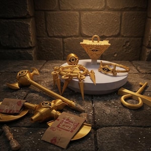 Peut inclure: Une collection d'artefacts fantastiques dorés, dont une boîte, une figurine en forme d'araignée, un bracelet, une clé et un marteau, disposés sur une surface en pierre. Les objets sont éclairés, créant un effet dramatique. La scène évoque le mystère et l'aventure.