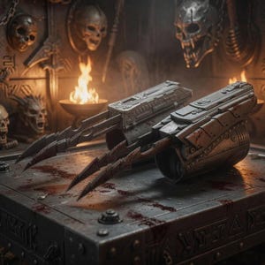 May include: A pair of metallic gauntlets featuring extended, sharp, claw-like blades protruding from the forearm sections. The gauntlets have a weathered, industrial appearance with mechanical details and are positioned on a dark, textured surface.