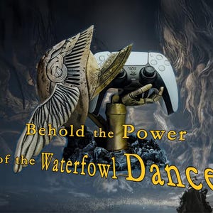 Pode incluir: Uma escultura detalhada com um controle de jogo branco e preto segurado por uma mão mecânica. A escultura tem um design de asa dourada e bronze. O texto "Behold the Power of the Waterfowl Dance" é exibido em ouro.