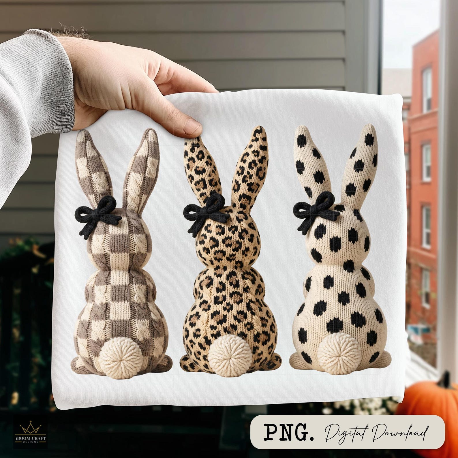 Neutral Faux Yarn Easter Bunny Trio PNG, Leopard Checkered Rabbits ...