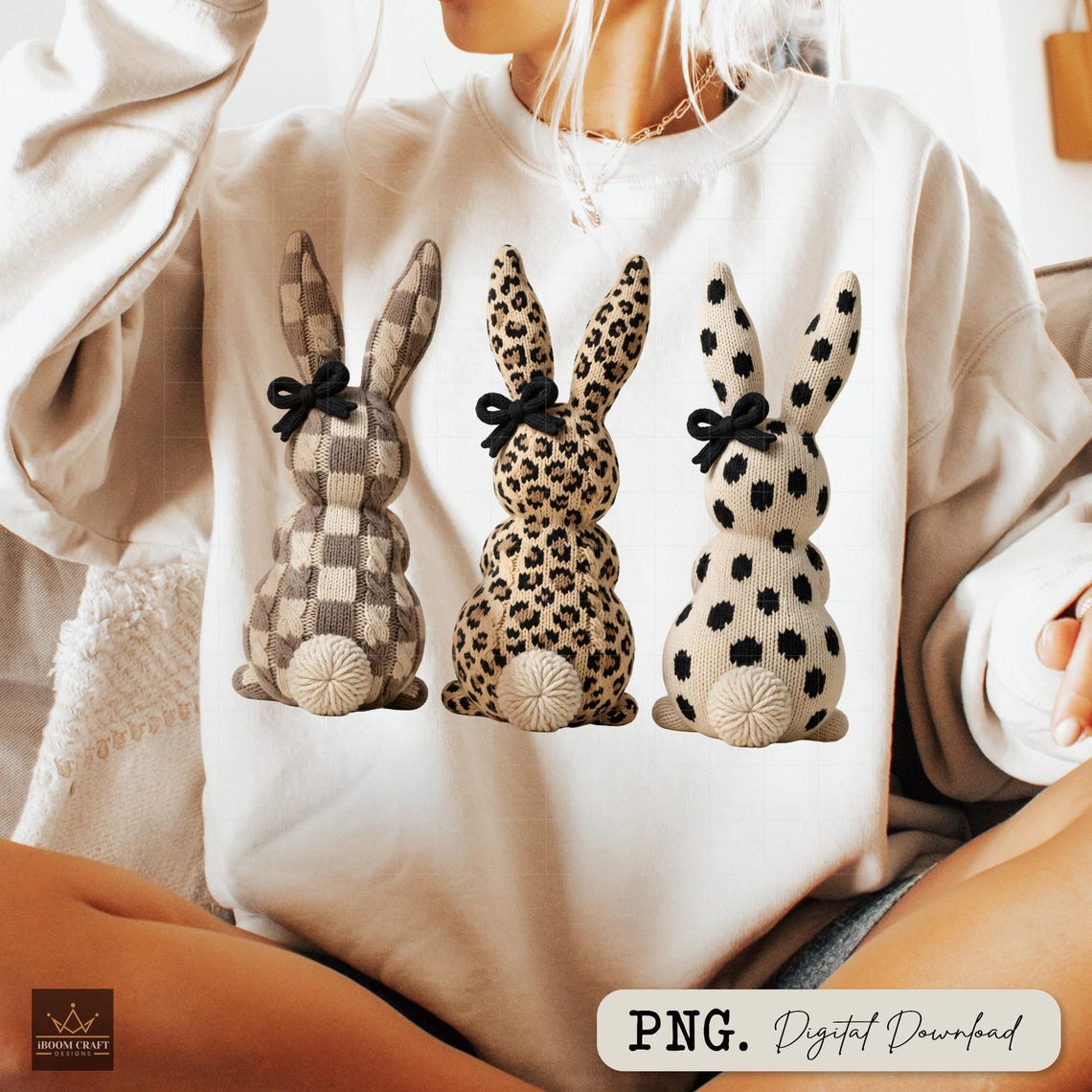 Neutral Faux Yarn Easter Bunny Trio PNG, Leopard Checkered Rabbits ...