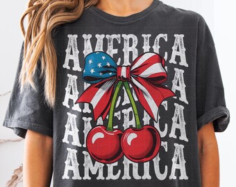 Retro Cherries & Bow PNG: July 4th USA Design (Digital Download)