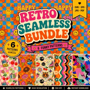 May include: A vibrant digital art bundle featuring six retro seamless patterns. The design includes smiley faces, flowers, stars, and the text "Retro Seamless Bundle" in a groovy font. The patterns are colorful and include cherries, ice cream, and other fun elements.