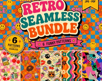 Retro Dopamine Seamless Pattern Bundle, Funky Groovy Digital Papers, Y2K Pop Art Printable Patterns, Cute Colorful Scrapbook Backgrounds