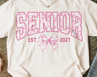 Senior Est 2027 Floral Bow PNG, Senior 2027 Coquette School Graduate Shirt Design, Pink Varsity Typography Digital Download Sublimation