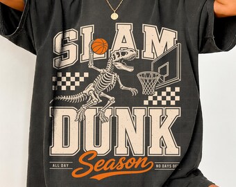 Slam Dunk Season Png, Skeleton Dino Basketball Sublimation, Checkered Dinosaur Sports Png, Basketball Digital Download