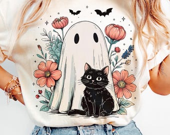 Retro Halloween PNG: Ghost, Cat & Floral Design (Digital Download