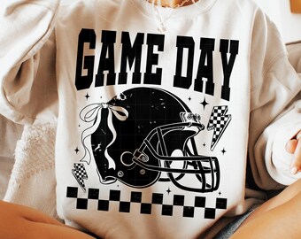 Retro Football Game Day PNG: Checkered Bow Design (Digital Download)