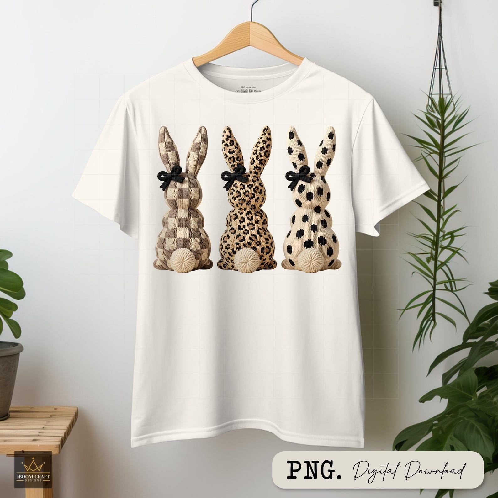 Neutral Faux Yarn Easter Bunny Trio PNG, Leopard Checkered Rabbits ...