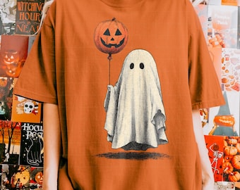 Vintage Halloween Ghost PNG: Pumpkin Balloon, Retro Spooky Design (Digital Download)
