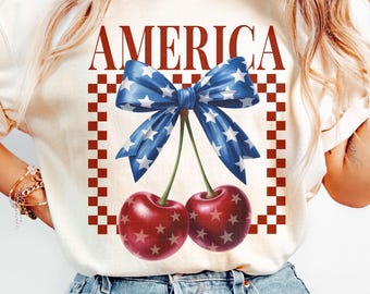 America Cherries PNG: July 4th Coquette Bow Design (Digital Download)