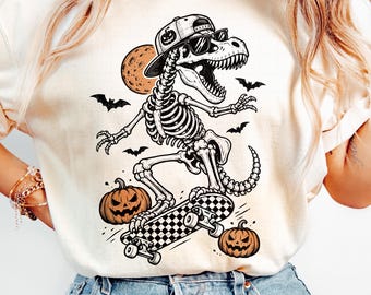Skeleton T-Rex Halloween Png, Skateboard Dinosaur Pumpkin Sublimation, Spooky Dino Kids Design, Halloween Digital Download