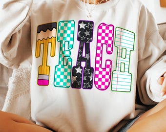 Neon TEACH Checkered PNG: Teacher Back to School Sublimation Design (Digital Download)
