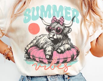 Vaca retrô Highland, vibes de verão PNG: design de camisa de praia (download digital)