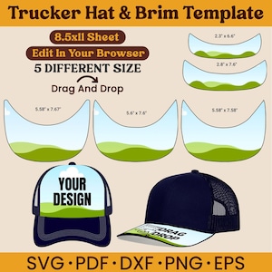 Puede incluir: Plantilla digital para gorras de camionero y viseras. La imagen muestra plantillas de sombreros en varios tamaños, con el texto "Your Design" y "Drag and Drop". La plantilla incluye formatos de archivo SVG, PDF, DXF, PNG y EPS.