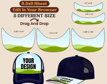 Editable Hat Brim Template Pack | 5 Sizes Trucker Hat Templates | Canva Drag & Drop Sublimation Design