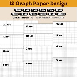 May include: A collection of 12 graph paper designs, each with a different grid size, ranging from 3 mm to 20 mm. The designs are labeled with their respective measurements. The text "12 Graph Paper Design" is at the top.