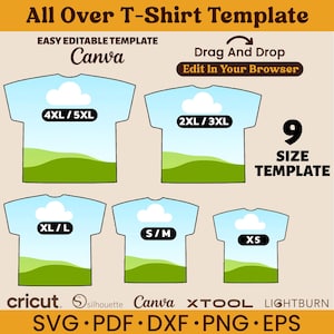 All Over Shirt Template Canva, T-Shirt Sublimation Blank Template, Canva All Over Shirt Template, 9 Size T-shirt Template