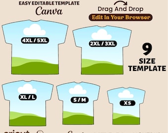 All Over Shirt Template Canva, T-Shirt Sublimation Blank Template, Canva All Over Shirt Template, 9 Size T-shirt Template