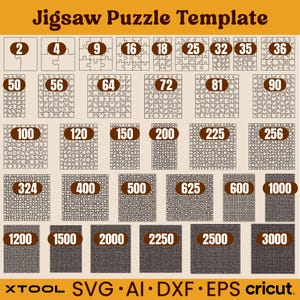 May include: A template for jigsaw puzzles, featuring various sizes from 2 to 3000 pieces. The design includes individual puzzle piece outlines and completed puzzle layouts. Text at the top reads "Jigsaw Puzzle Template". The bottom text includes "XTOOL SVG AI DXF EPS cricut."