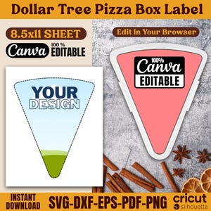 Könnte beinhalten: Digitales Design für ein Dollar Tree Pizza Box Label. Das Design enthält den Text "YOUR DESIGN" in einer Dreiecksform und die Worte "Canva Editable". Sofortiger Download in den Formaten SVG, DXF, EPS, PDF und PNG verfügbar.
