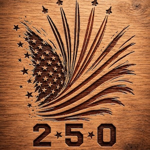 May include: A light brown wooden surface featuring a laser-engraved design of five fighter jets flying in formation with trails, a stylized American flag with stars, and the text 250 YEARS with stars between the numbers, all in a dark brown finish.