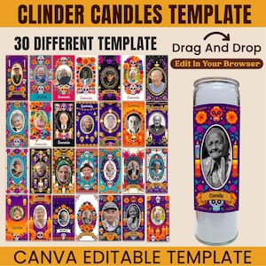 May include: A template for cylinder candles with 30 different designs. Each design features a portrait, floral elements, and skull motifs. The text includes "CLINDER CANDLES TEMPLATE", "Drag and Drop", and "Edit In Your Browser".