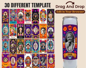 Puede incluir: Una plantilla para velas cilíndricas con 30 diseños diferentes. Cada diseño presenta un retrato, elementos florales y motivos de calaveras. El texto incluye "CLINDER CANDLES TEMPLATE", "Drag and Drop" y "Edit In Your Browser".