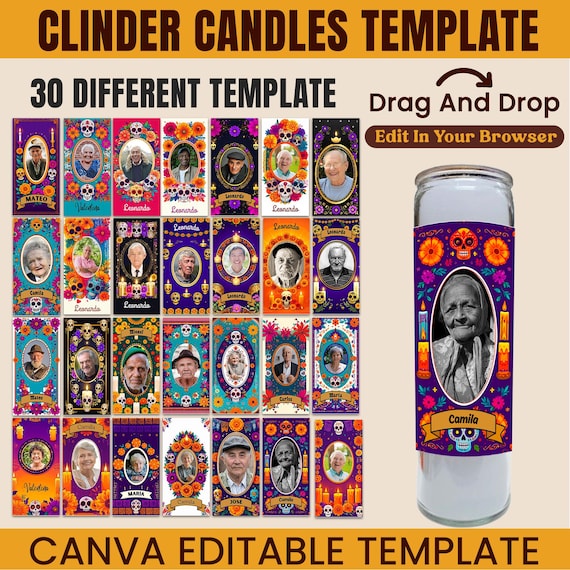 30 Editable Day of the Dead Candle Label Template | Día de los Muertos Tall Candle Canva Designs | Personalized Memorial Candle Wrap