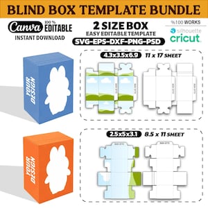 May include: A digital blind box template bundle featuring two box sizes, 4.3x3.5x6.9 inches and 2.5x5x3.1 inches. The bundle includes SVG, EPS, DXF, PNG, and PSD files, compatible with Canva and Cricut, showing flat die-cut layouts and 3D box mockups.