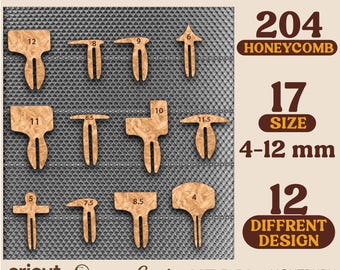 May include: A bundle of honeycomb bed pins in various shapes and sizes, made of light brown wood. The image includes the text "HONEYCOMB BED PIN BUNDLE", "204 HONEYCOMB", "17 SIZE 4-12 mm", and "12 DIFFRENT DESIGN".