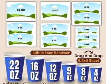 Paper Cup Wrapper Template Bundle, Coffee Cup Sleeve Wrap for 4oz–22oz Cups, Printable Cup Wrap Canva Editable Design