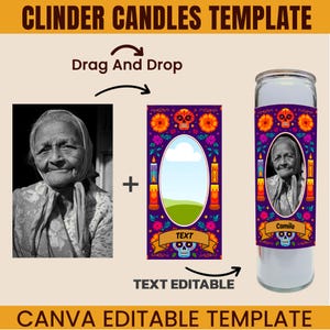 May include: A template for a cylinder candle design. The design includes a black and white photo of an elderly woman, a purple background with floral and skull motifs, and the text "TEXT EDITABLE". The finished candle design is shown with the woman's photo.