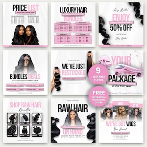 May include: A series of square promotional graphics for hair products, with black and pink text on a white background. The graphics advertise bundles, wigs, and sales, with images of hair bundles and models.