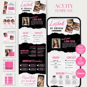 May include: A pink and black digital marketing template for lash services. The design includes the text "Lashed by Amarah", contact information, and booking policies. The template is designed for Instagram.