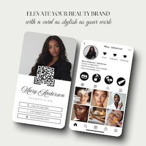 May include: A black and white business card featuring a woman's photograph, a QR code, and contact details. The card also displays a social media profile with a photo, post, follower, and following counts. The profile includes icons for a beauty product, a syringe, a play button, and a camera.